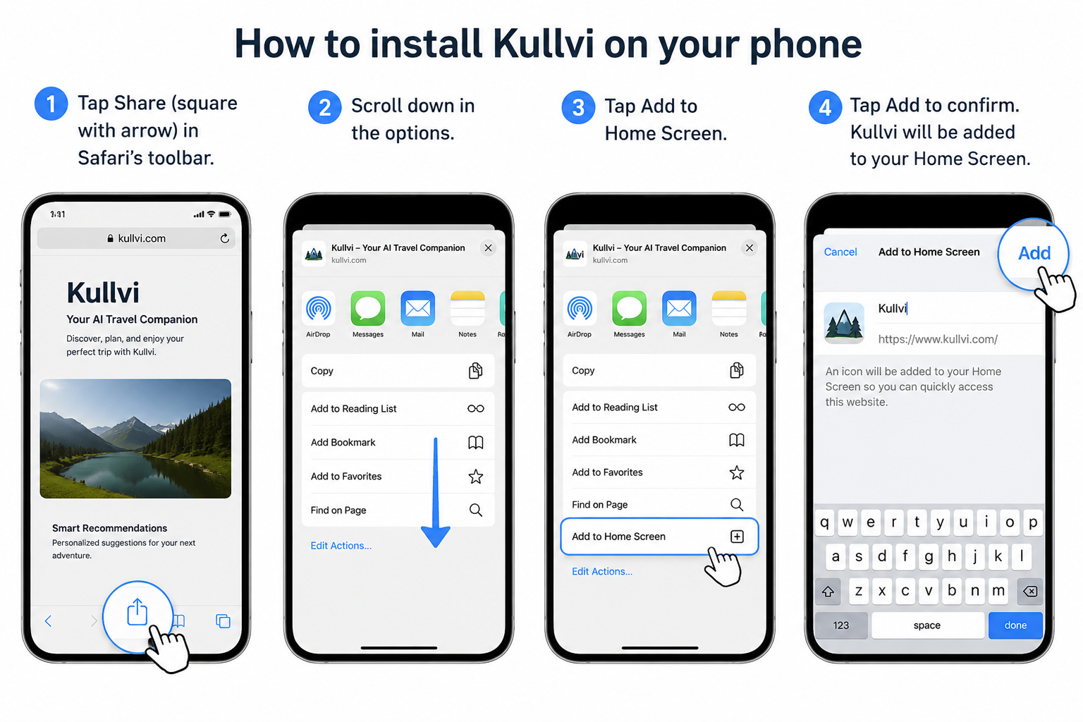 Screenshots showing how to add Kullvi to your iPhone home screen in Safari